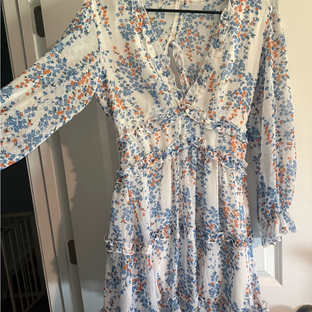 Floral Ruffle V-Neck Women’s Dress in White with Blue & Orange Print (Small)